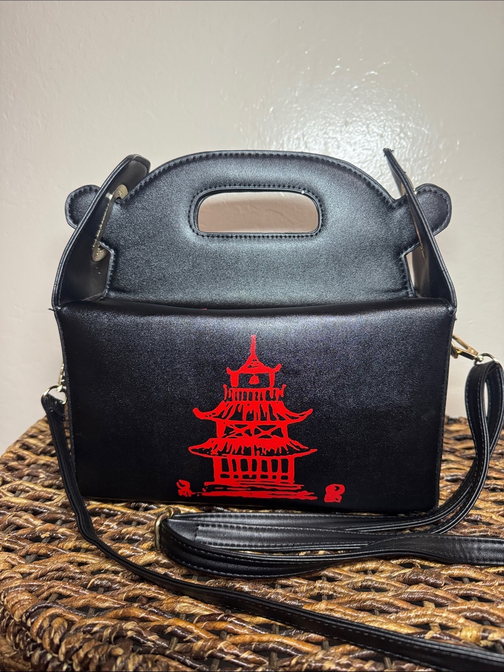 Chinese  take out Purse, black with Red Pagoda Graphic